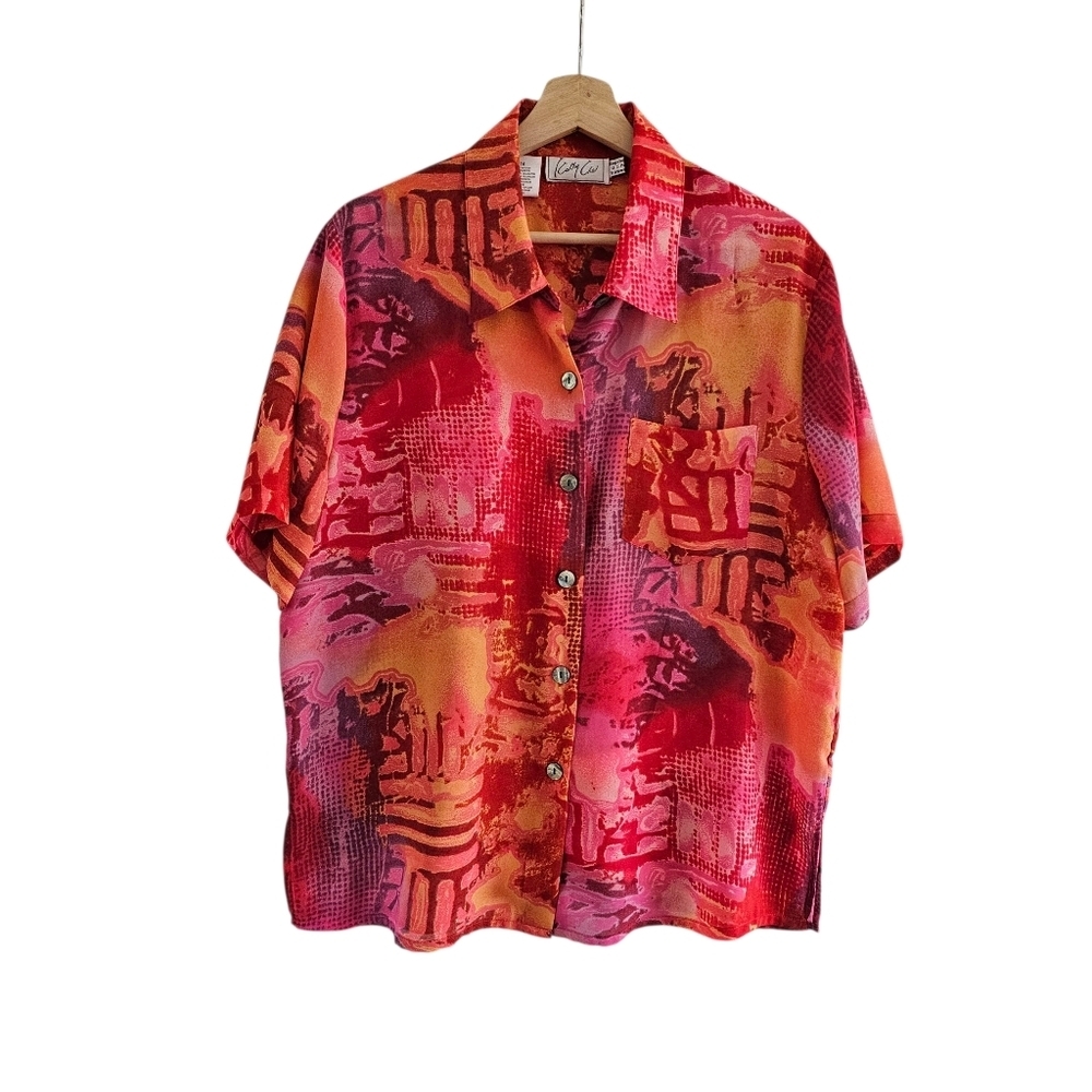 Cathy Che Vintage Short Sleeve Button Down Blouse, Loose Fit, Semi-sheer, SizeXL